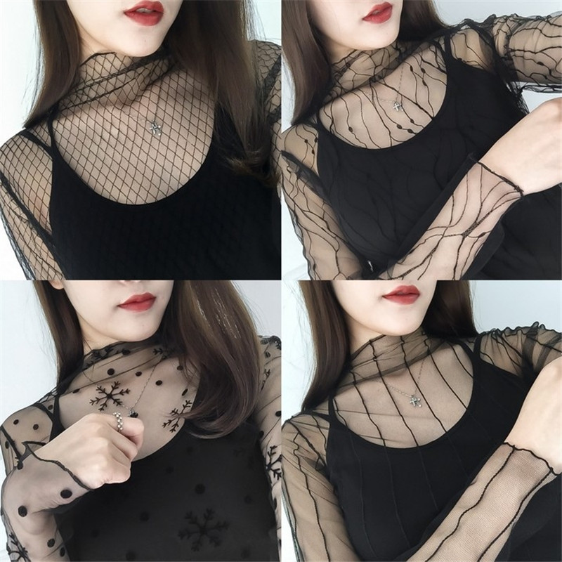 Hollow Mesh Top for Women, See-Through, Sexy, Transparent Mesh Fishnet Long-Sleeved Inner Layer, Mesh Black Lace Bottoming Shirt