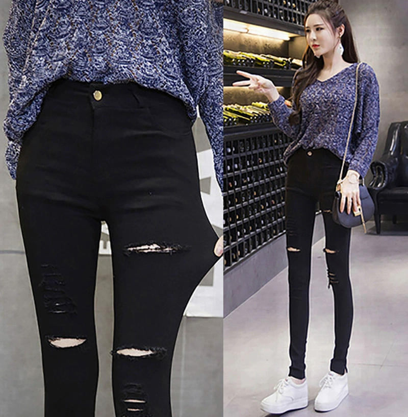 2019 phiên bản tiếng Hàn mới của quần legging lỗ rộng 9 điểm cỡ lớn cho nữ mặc ngoài màu đen co giãn chân người ăn xin - Quần tây thường