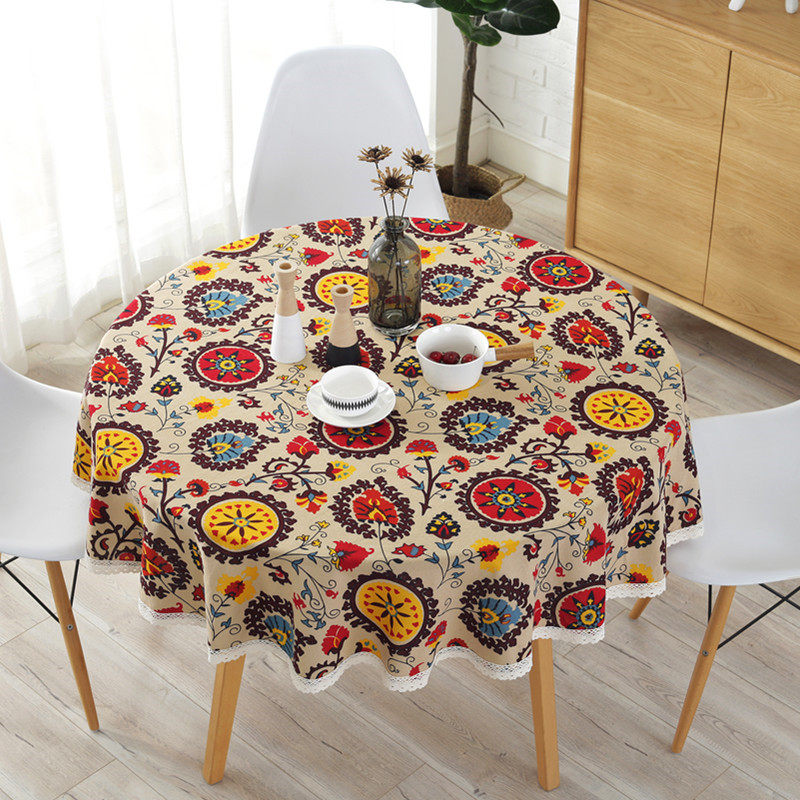 Southeast Asia Ethnic Wind Bohemian Sunflower Lace Side Cotton Linen Table Cloth Round Exotic Wind Folk Juku Tea Table Cloth