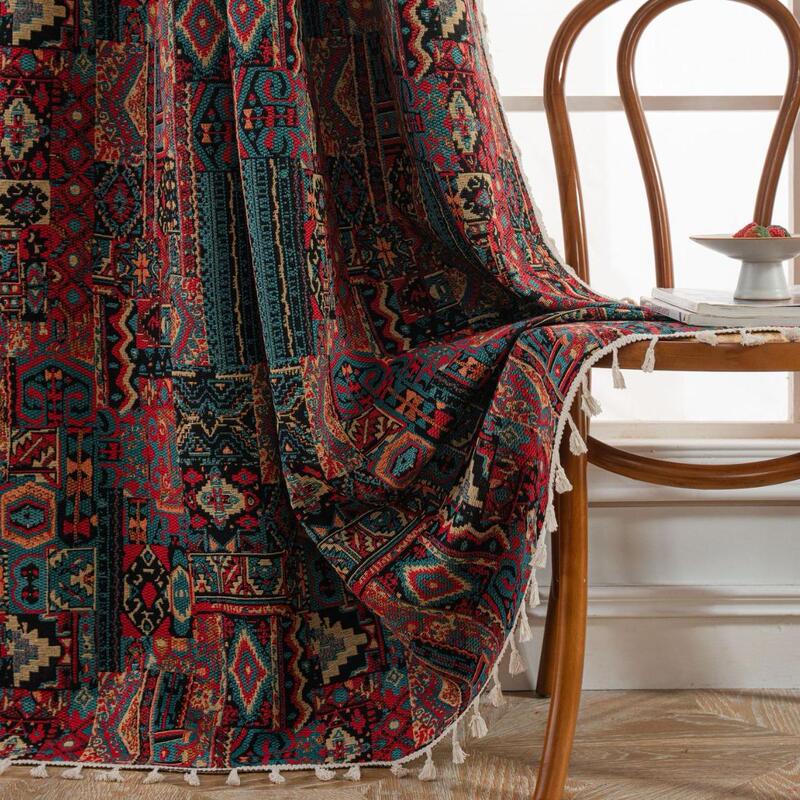 Jacquard Miao Ethnic Retro Curtains, Ethnic Style Geometric Color-Blocking Curtains, Bohemian Kitchen Short Curtains, Bay Window Semi-Blackout Curtains