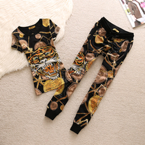 European and American fashion casual suit womens 2021 new lovers old tiger head scalding sports suit T-shirt long pants for mens fashion