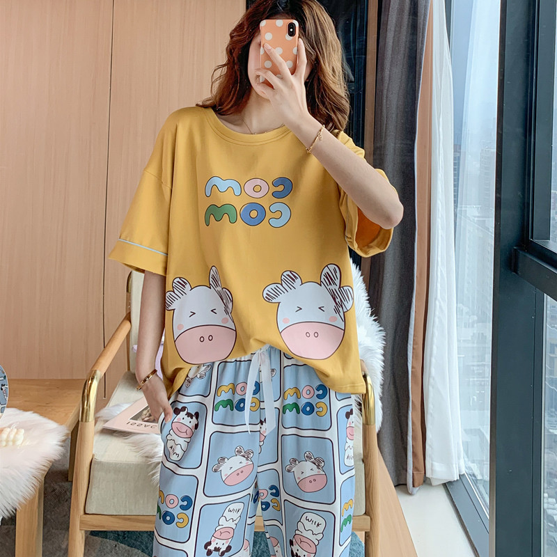 Step up plus obesity mm pyjamas pure cotton female summer Home Clothing Summer Thin short sleeves Long pants loose with large size 200 catty-Taobao