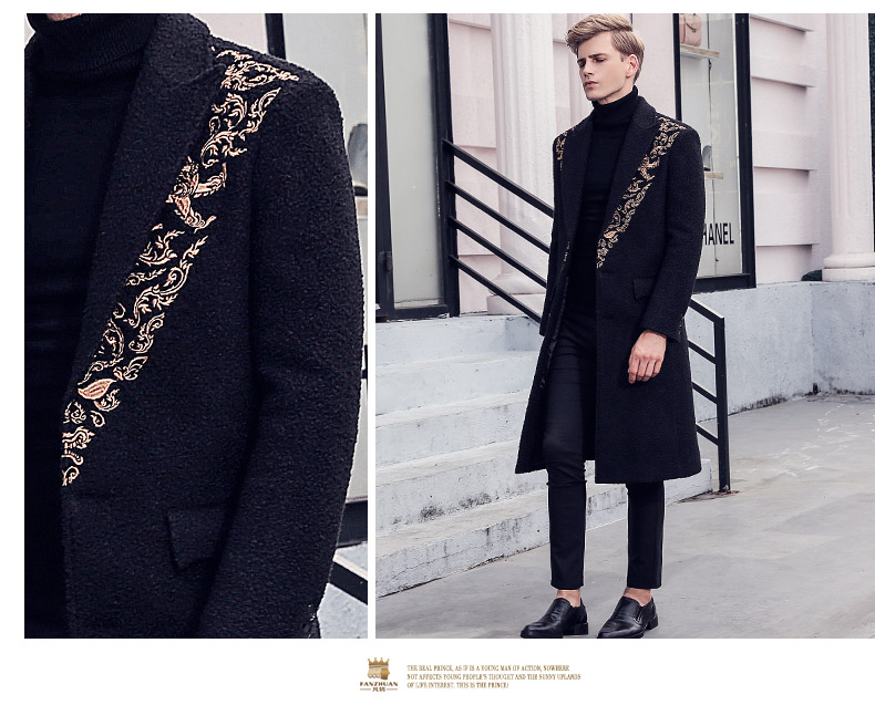 Đơn ngực giả cừu áo len 2017 mùa đông mới mỏng thêu áo khoác nam dài trench coat