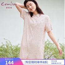 Connia summer new womens home clothes short-sleeved polka dot shirt night dress home skirt mid-skirt casual pajamas