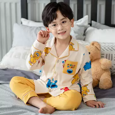 Boys' pajamas children spring and autumn cotton long-sleeved set of middle-aged children thin cartoon little boy baby home clothes