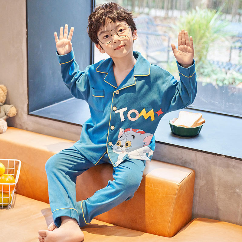 Boy Sleepwear Spring Autumn Season Pure Cotton Long Sleeve Children's Thin Cartoon Suit CUHK Child Young Boy's Home Conserved