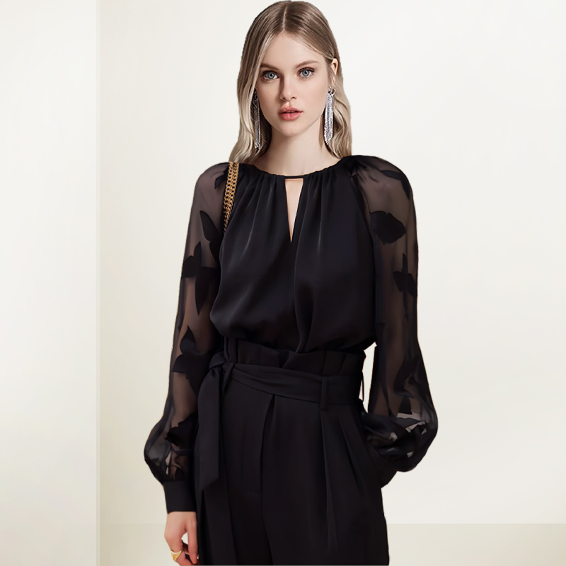 French-Style Chiffon Black Shirt for Women, 2026 Summer New Style, Light and Mature Style, Unique and Distinctive, Straight-Cut, Slimming, Sun-Protective Shirt