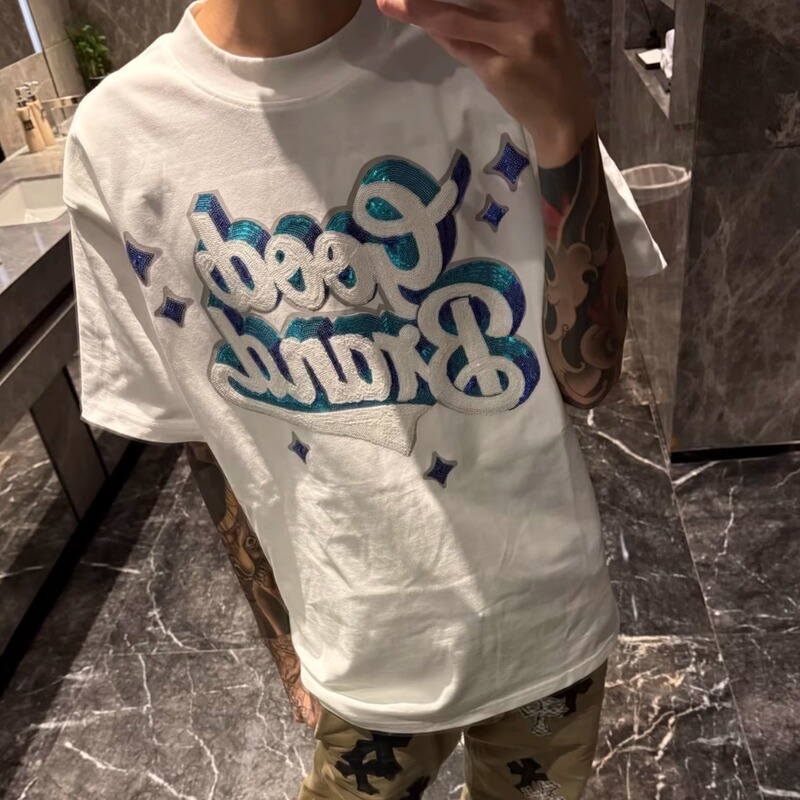 Summer New Style Letter Slogan 3D Rhinestone Sequin Short-Sleeve T-Shirt Unisex Trendy American Fashion Loose Half-Sleeve