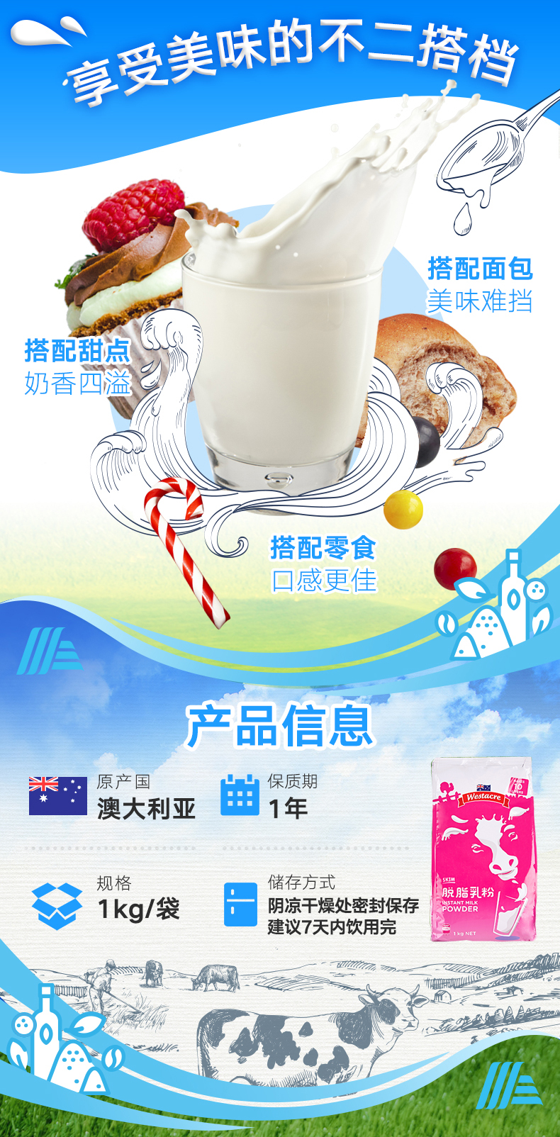 澳洲进口 奥乐齐 WESTACRE 脱脂奶粉 2斤*2袋 图6