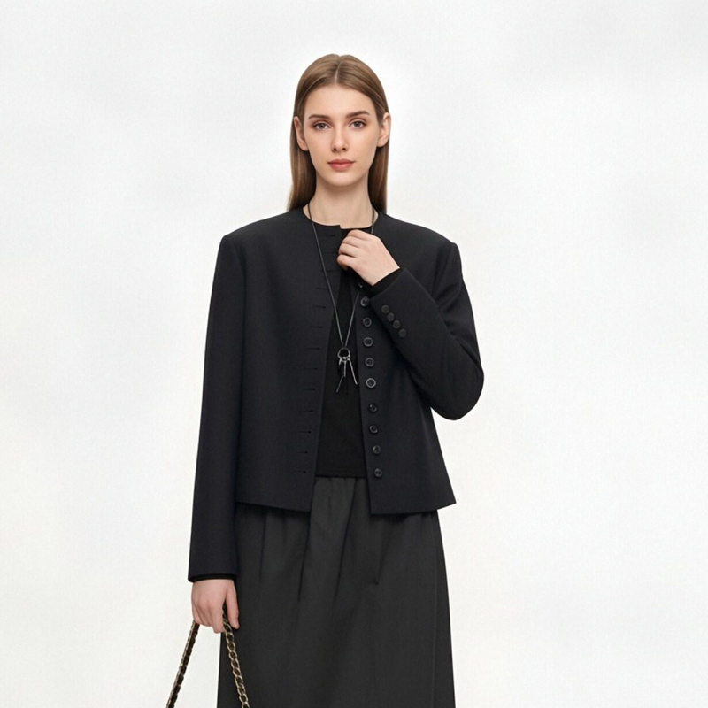 Runway Fashion Cupro Acetate Wool Silhouette Fit Round Neck Shoulder Pad Blazer for Women Spring 2026