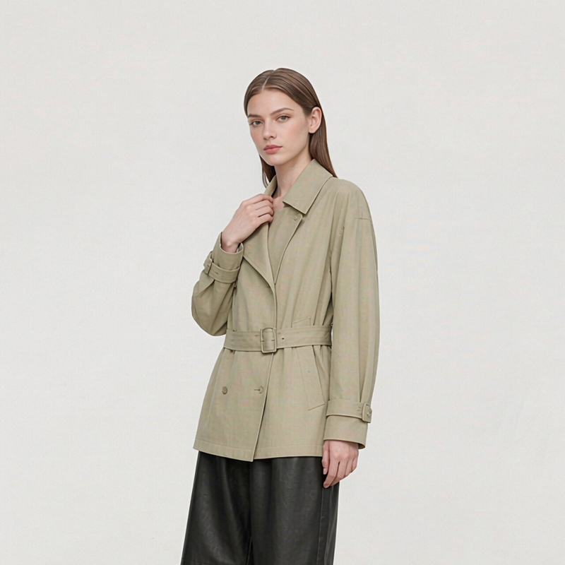 Korean-Style Relaxed Minimalist Short Trench Coat for Women, Loose Fit with Dropped Shoulders, Double-Row Metal Buttons, Matte Fabric, Lazy Early Autumn Jacket