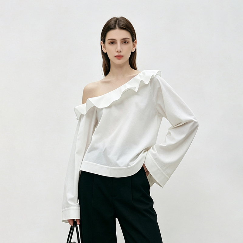 Floral Design Asymmetrical Ruffle Off-Shoulder Shirt for Women, White Long-Sleeve Loose Top with a Stylish Touch Floral Design Asymmetrical Ruffle Off-Shoulder Shirt for Women, White Long-Sleeve Loose Top with a Stylish Touch
