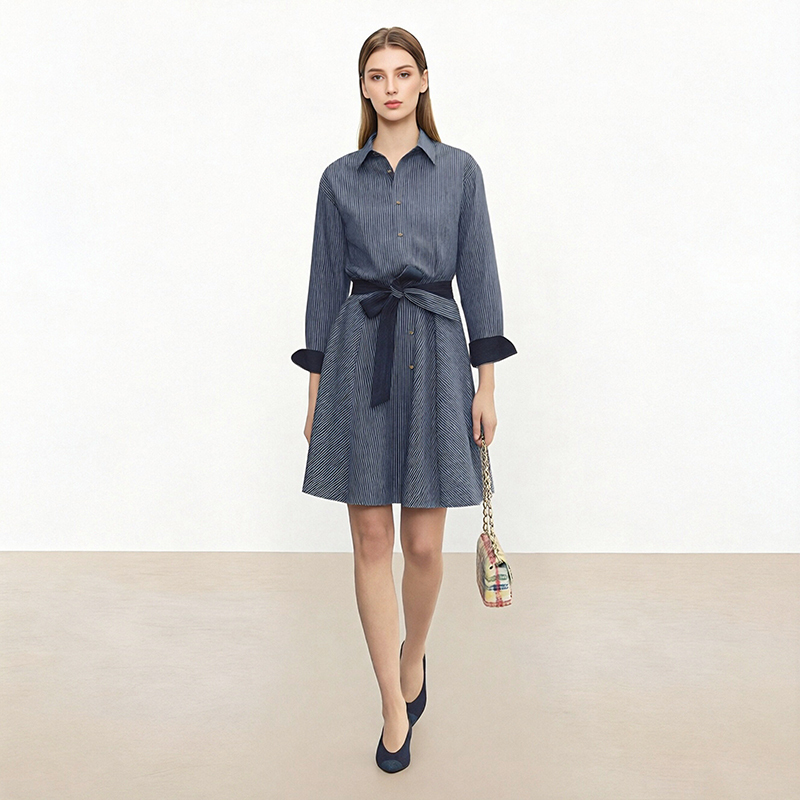 Dress for Women 2026 Spring New Style Blue Sail｜Blue and White Striped Pure Cotton Waist-Cinching Shirt Dress Short Skirt for Women