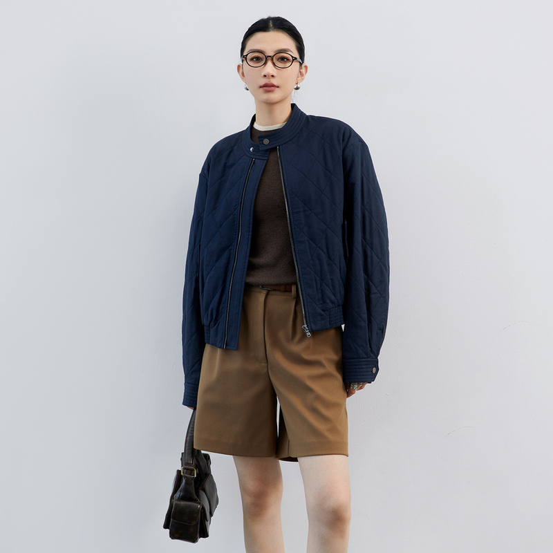 Yimu Short Casual Jacket 2025 Autumn New Loose Versatile Diamond Pattern Mulberry Silk Cotton Coat for Women