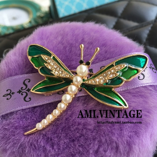 Đôi cánh màu ngọc lam Cổ điển Men ngọc trai Chuồn chuồn đồ cổ VINTAGE Rhinestone Kim cương Chuồn chuồn - Trâm cài