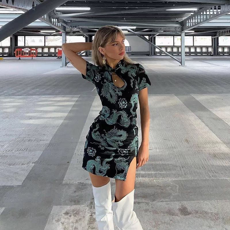 Summer Korean Style ins Sexy Niche Versatile Waist-Cinching Dress Slim Fit Slimming Slit Cheongsam A-Line Skirt Women's Trendy Summer Korean Style ins Sexy Niche Versatile Waist-Cinching Dress Slim Fit Slimming Slit Cheongsam A-Line Skirt Women's Trendy