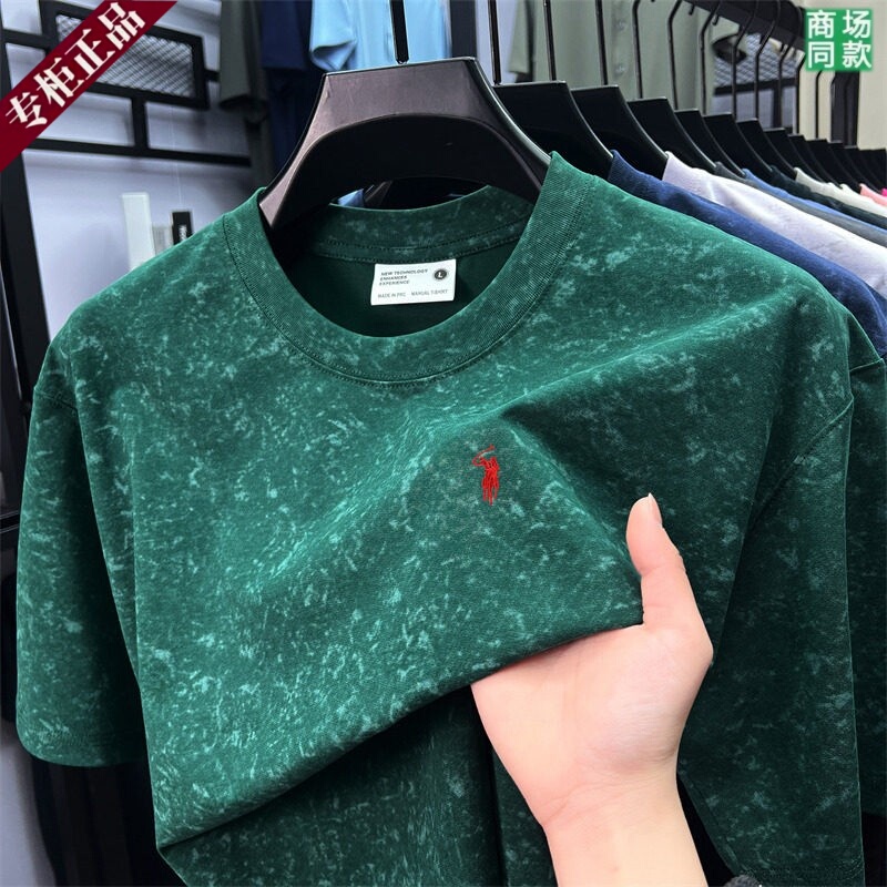 Paul's New American-Style Tie-Dye Printed Short-Sleeved T-Shirt with Pony Embroidery for Men, Round-Neck Sports Casual Base Shirt Paul's New American-Style Tie-Dye Printed Short-Sleeved T-Shirt with Pony Embroidery for Men, Round-Neck Sports Casual Base Shirt