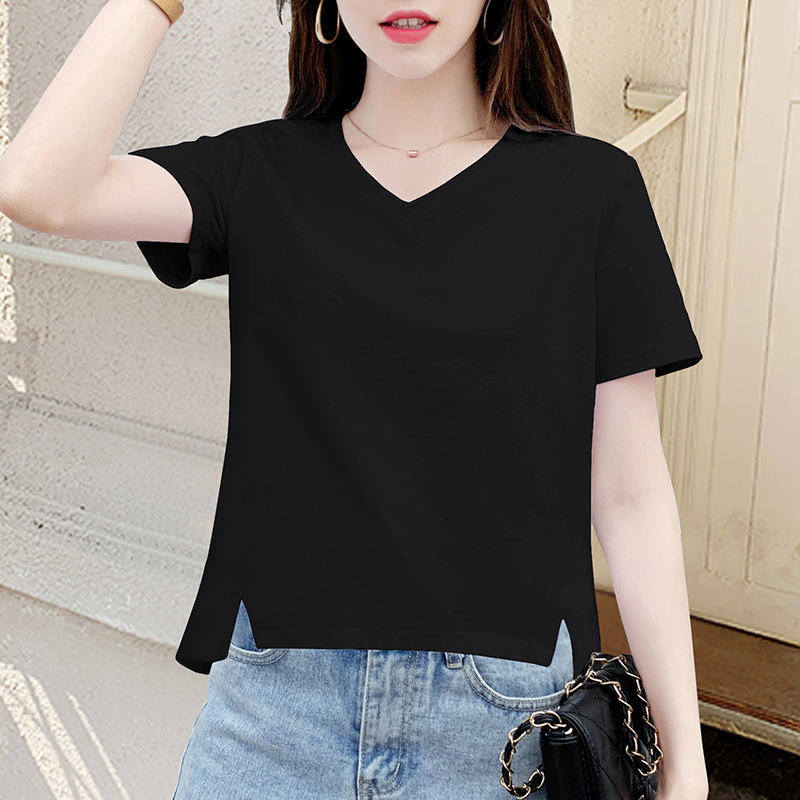 Black V-Neck T-Shirt for Women, Short-Sleeved, 2026 New Style, Loose and Beautiful, Petite, with Slit, Regular Shoulder, Half-Sleeve, Trendy Top