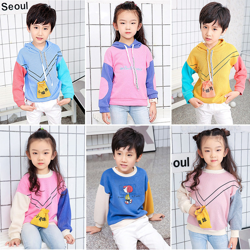 Autumn and winter new children's fashion sports tops Korean version boys and girls outside wear color-blocking Western style round neck hooded sweatshirts