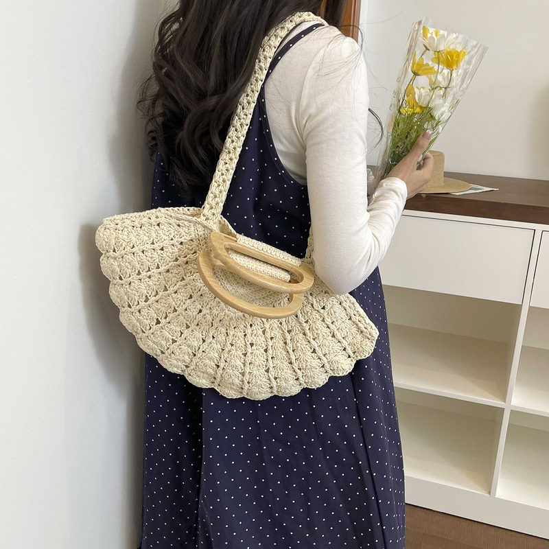 Bohemian Style Hand-Woven Fan-Shaped Handbag Cotton Rope Woven Bag Women's Casual Beach Bag Single Shoulder Underarm Bag