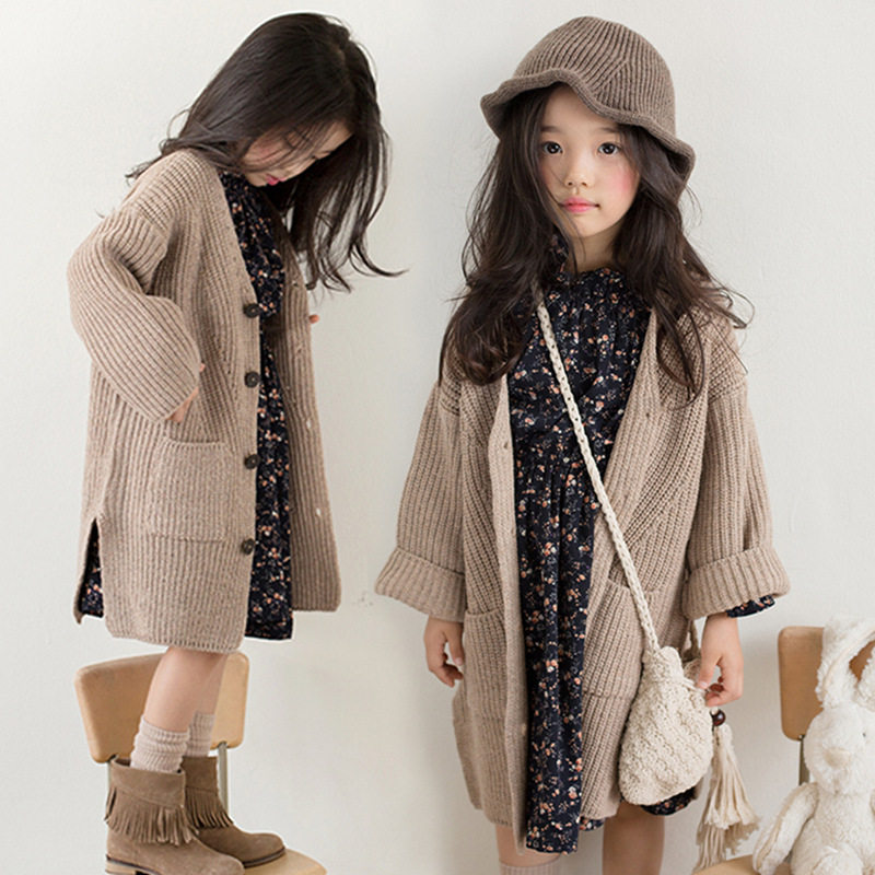 Korean version of children's clothing autumn girls sweater Mori thickened knitted V-neck children's cardigan jacket single-breasted top