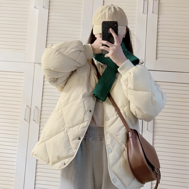 Quilted down Jacket for Women, Short Style, 2025 New Model, Collarless Puffer Jacket, Petite Size, 90% White Duck Down, Very Stylish Winter Coat