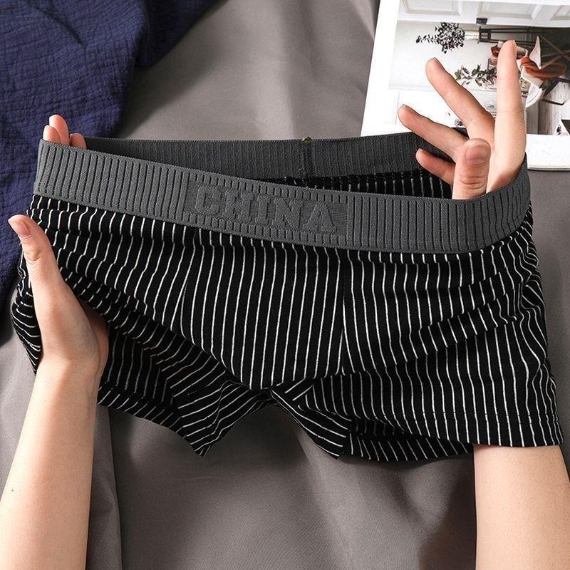 New Men's Underwear, Pure Cotton Striped Mid-Waist Boxer Briefs, Youthful, Handsome, Stylish, High-End, Breathable