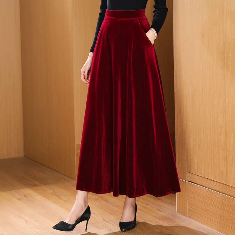 Burgundy Velvet Midi Skirt for Women, Spring and Autumn Long Skirt, Large Hem, Mid-Length, Elegant, Classy, Slimming A-Line Skirt