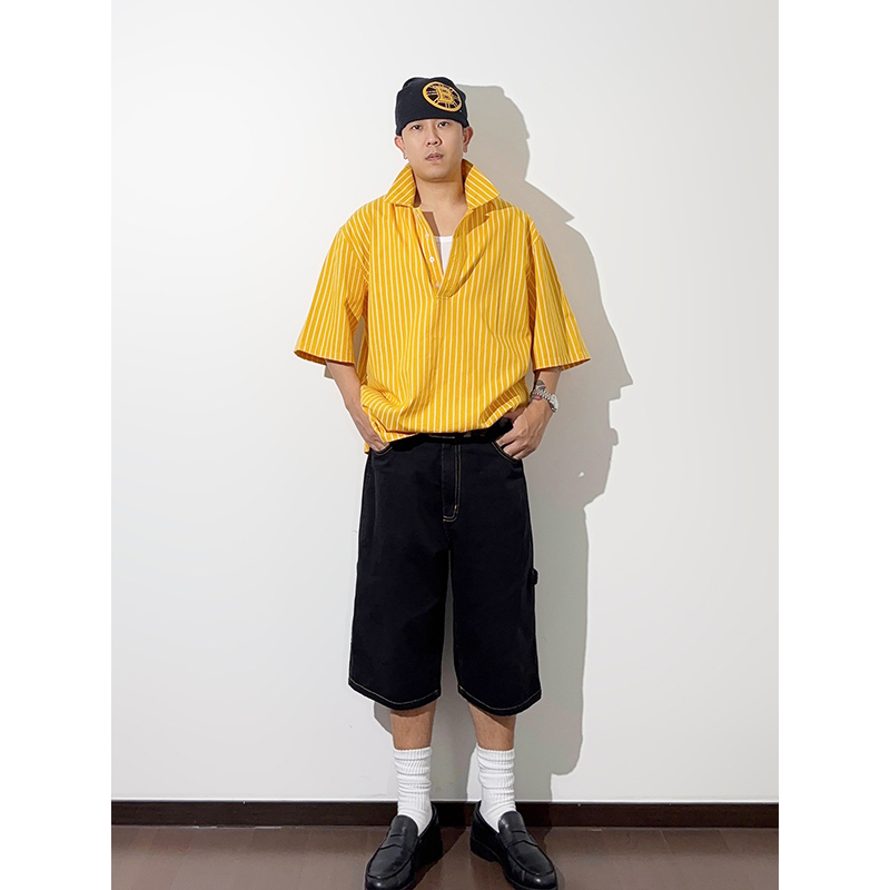 Gwhen Yellow Striped Loose Pullover Mid-Sleeve Short-Sleeve Shirt for Men and Women Gwhen Yellow Striped Loose Pullover Mid-Sleeve Short-Sleeve Shirt for Men and Women