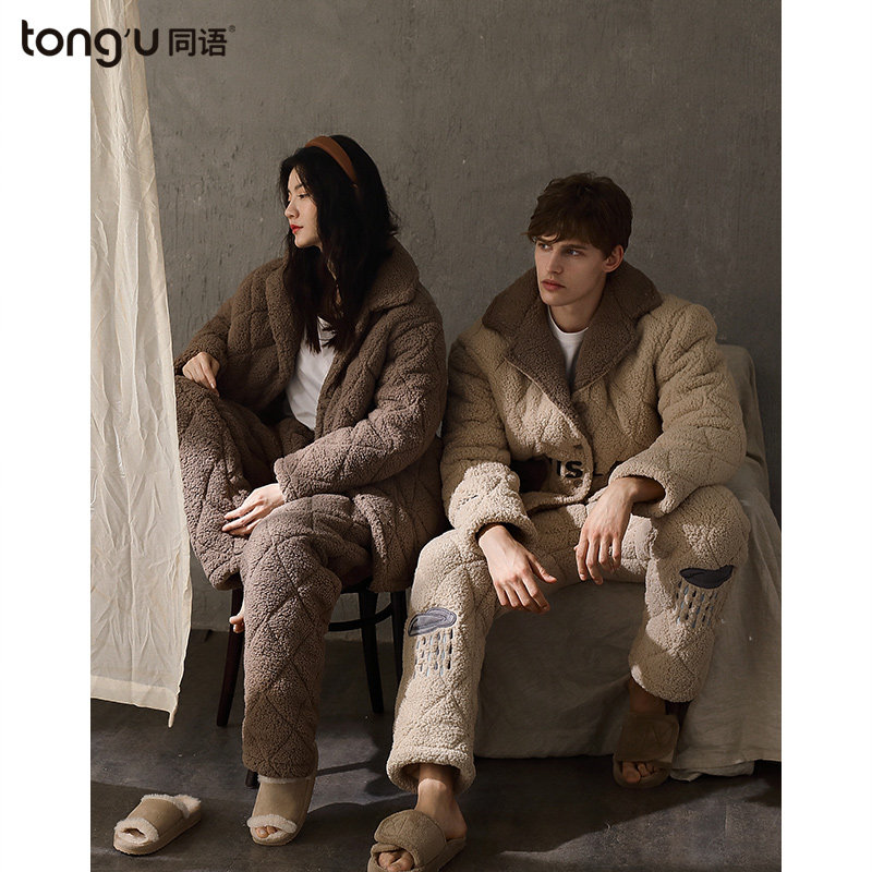 Same language couple winter three-layer cotton thickened coral velvet home clothing female flannel plus velvet padded suit