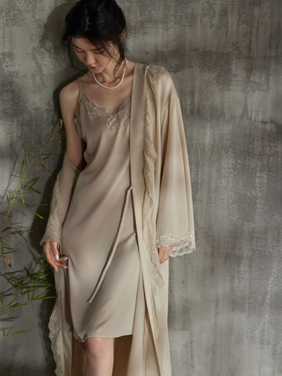 同语睡袍女春秋冬季冰丝长袖家居服睡裙晨袍浴袍薄新款睡衣女套装