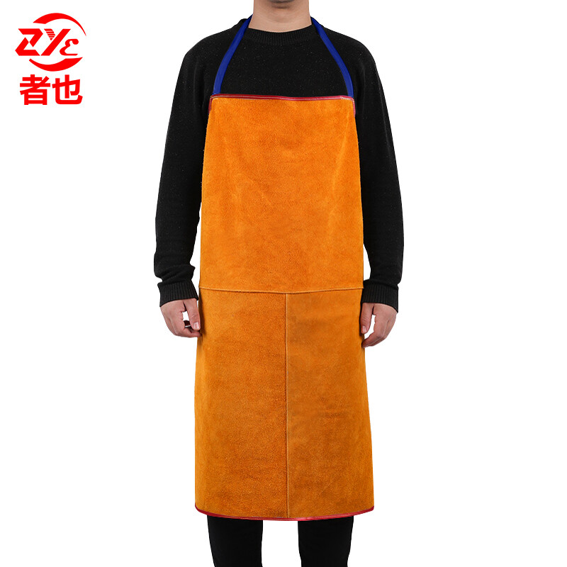 The person is also cow leather electric welding operation protective apron wear resistant and high temperature resistant fire splash surrounding waist yellow sleeve gloves