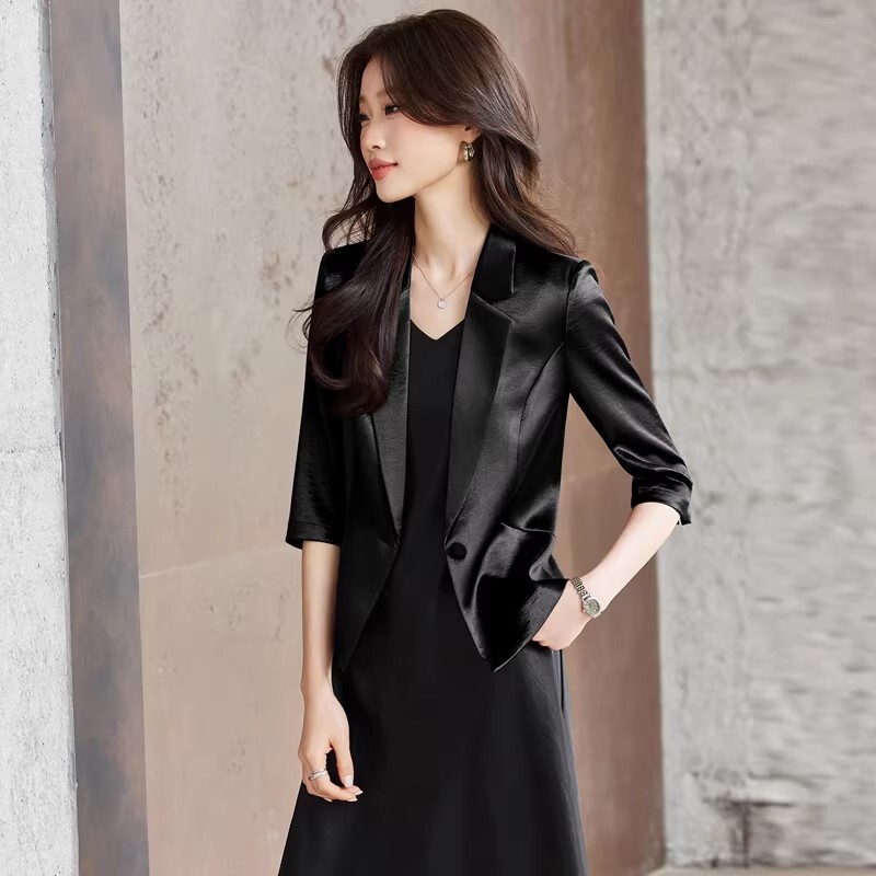 Acetate Satin Black Suit Set for Petite Women 2026 New Summer Three-Quarter Sleeve Blazer Dress