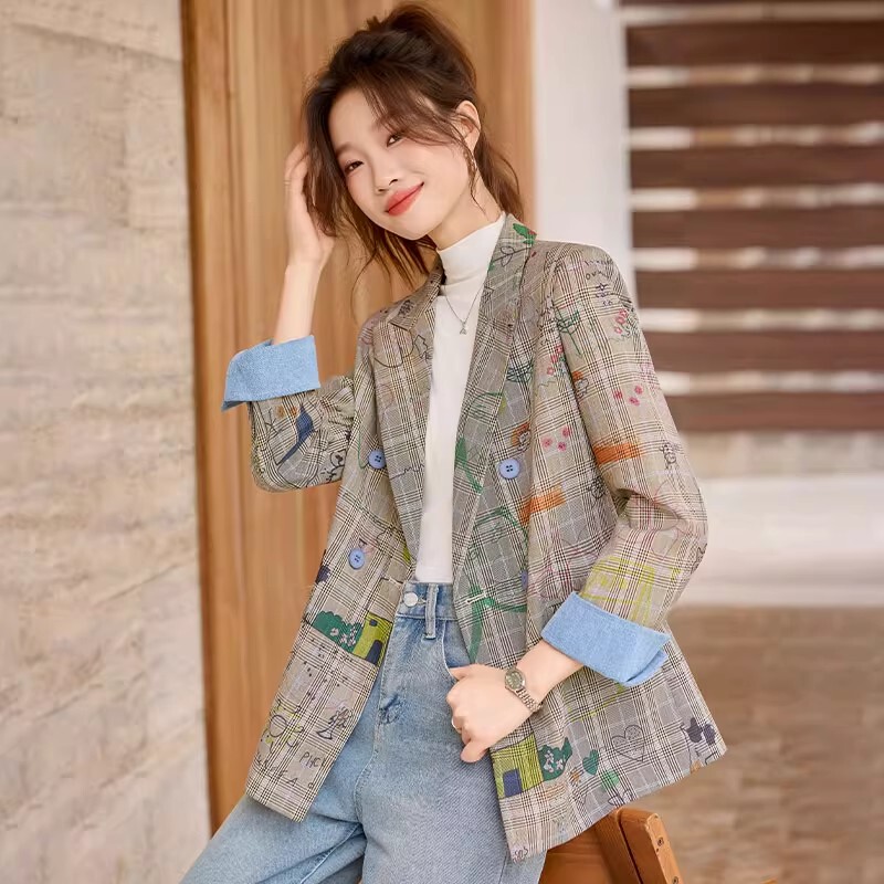 Plaid Blazer for Women 2026 New Style High-End Graffiti Retro Elegant Petite Casual Women's Small Suit