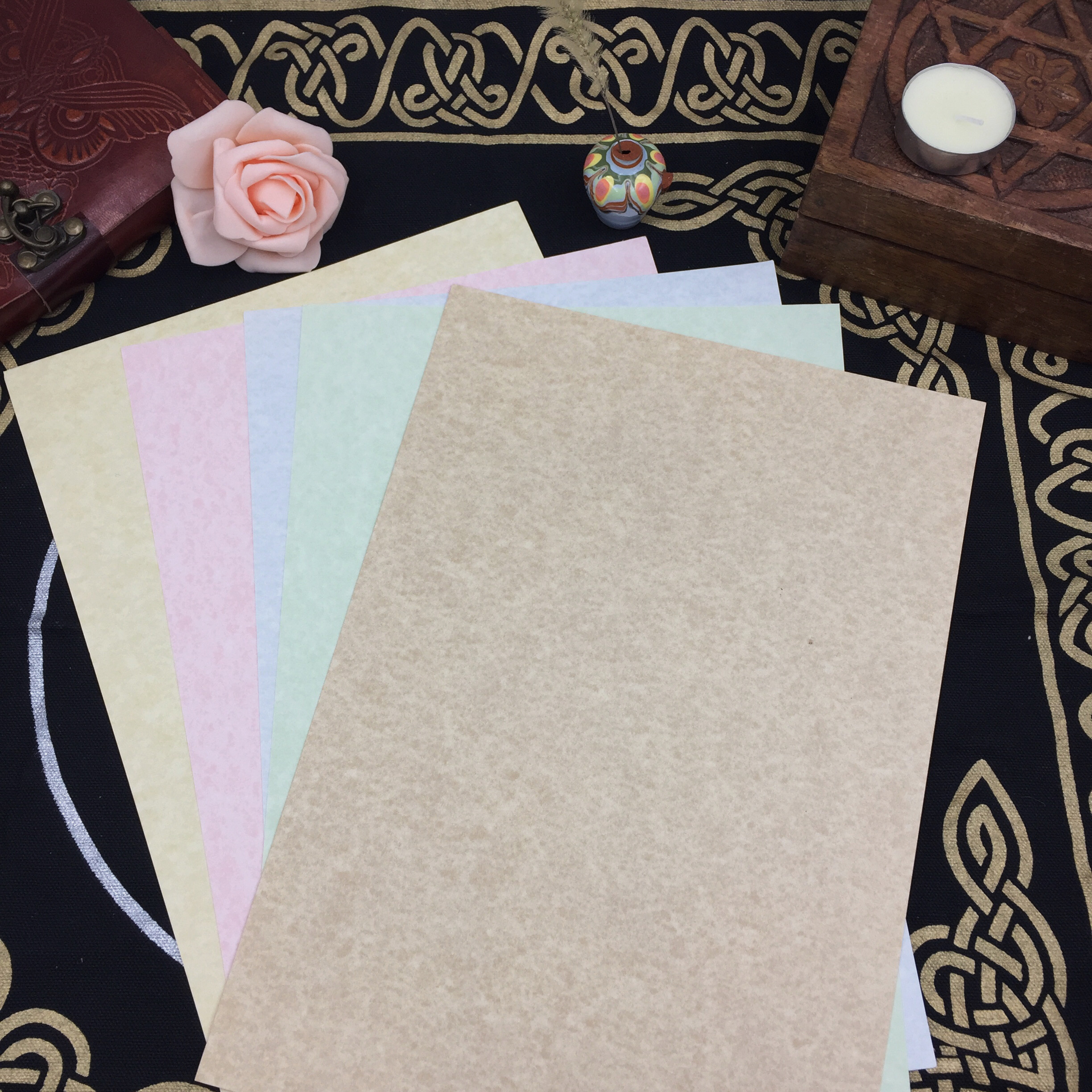 Green yellow pink ceremonial parchment papyrus 1 sheet A4 size can be cut small sheet for use