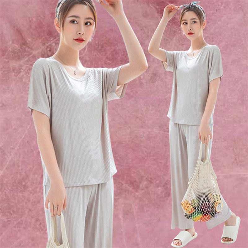 Ice silk fairy lazy house pants suit pajamas spring and summer thin section short-sleeved trousers home service leisure loose wide-legged