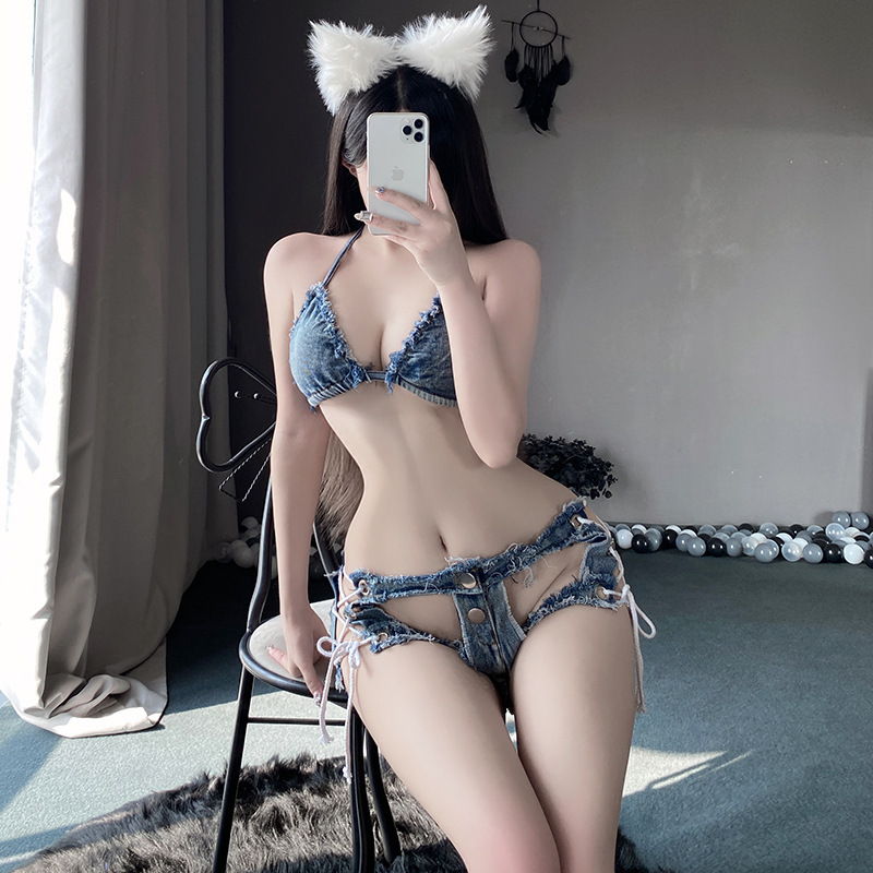 Bar Dj Cut Out Night Eye Fun Night Denim Shorts Ripped Lace Temptation Low Waist Hot Pants Beach Bikini Set