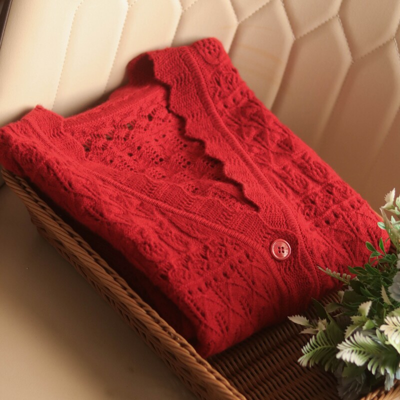 Word-of-mouth factory implored thick French style cashmere hook flower V collar knit cardiff ME871