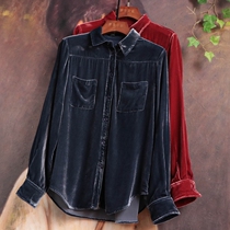  Spot self-wear is highly recommended texture is praised two pockets on the chest silk velvet long-sleeved shirt womens autumn