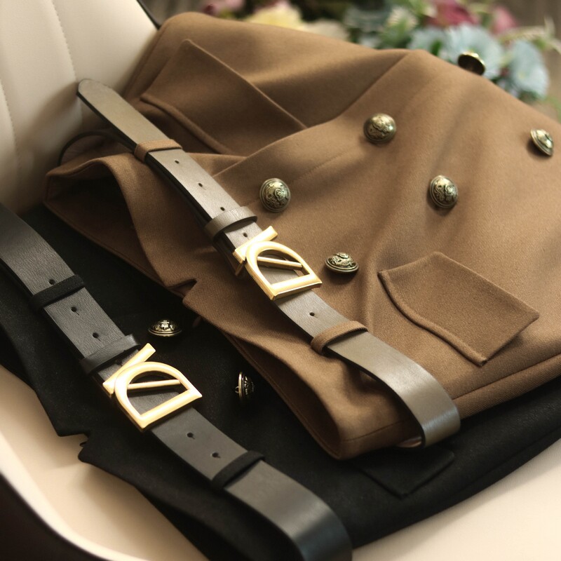 Elegant figure retro double-breasted metal buckle belt front slit A-line high waist mid-length wool skirt ME415