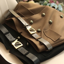 Elegant body section retro double row metal buckle belt front opening fork A character high waist mid-length wool half skirt ME415