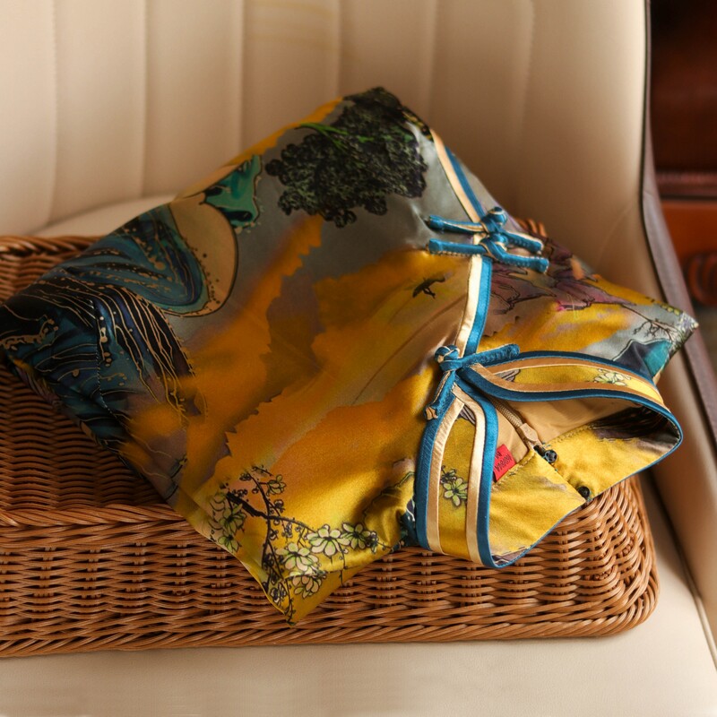 Penny end catwalk long version ~ old Shanghai temperament landscape print high split cheongsam silk dress double layer ME847