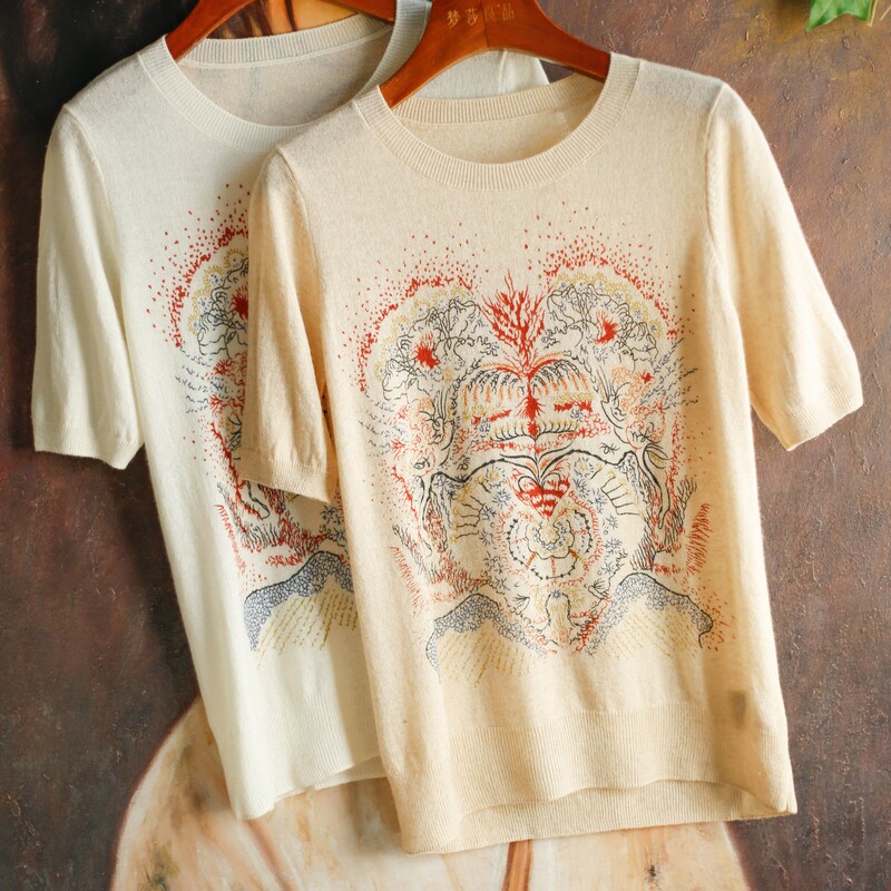 Former 688 limited double 12 day special 418 hand painted printed cashmere silk knitting T - shirt MF 515