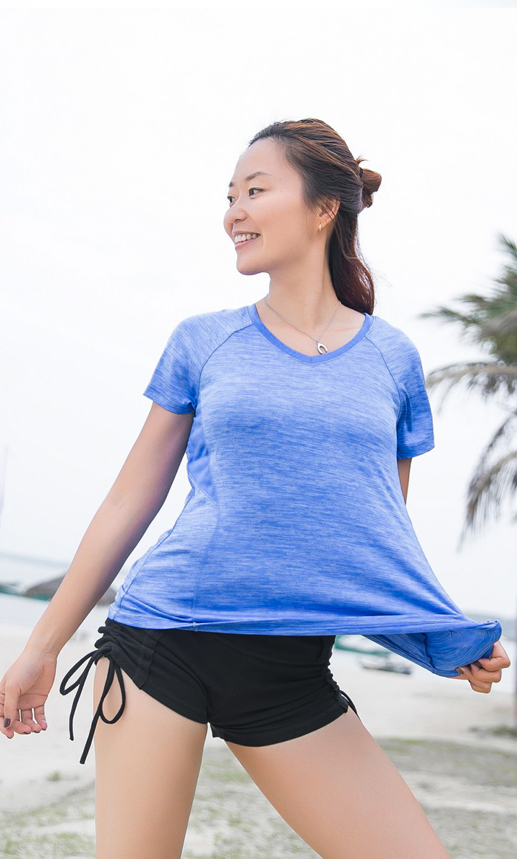 LEANA Lina thể thao áo thun thể thao nữ quần áo yoga mùa xuân mặc nhanh khô giải trí vòng cổ ngắn tay áo 5102 áo thun chạy bộ