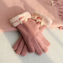 Winter Pearl car line gloves female autumn and winter plus velvet warm thickened finger Korean students winter cycling driving