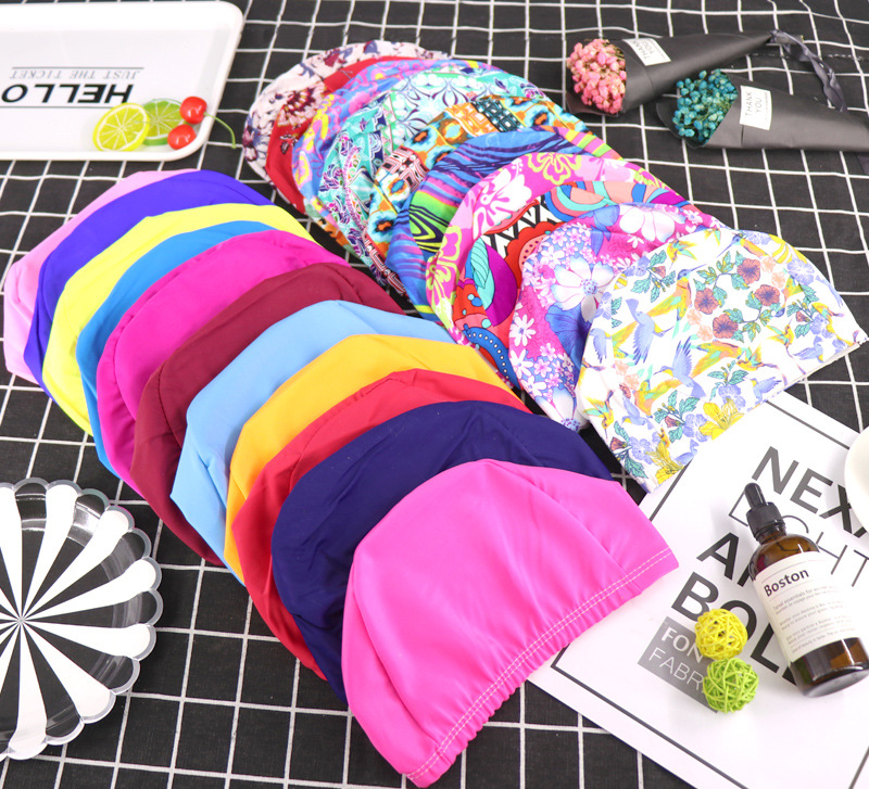 Mũ bơi bằng vải nylon màu cao cấp Mũ bơi thoải mái không đầu Người lớn và trẻ em nữ mũ bơi be	