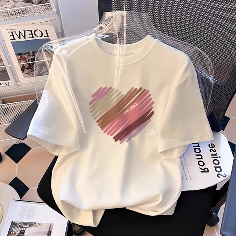 2026 New White Heart-Shaped Pure Cotton Short-Sleeve Summer T-Shirt for Women, Fashionable and Versatile, Loose and Slimming