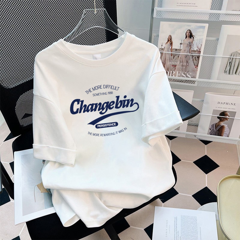 White Pure Cotton Letter Print Short-Sleeve T-Shirt for Women, Summer 2026 New European Style, Oversized Mid-Length Loose Fit Plus Size Top ins