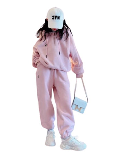 女童加绒套装秋冬季韩版洋气时髦中大童休闲运动连帽卫衣两件套潮