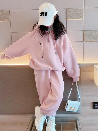 女童加绒套装秋冬季韩版洋气时髦中大童休闲运动连帽卫衣两件套潮